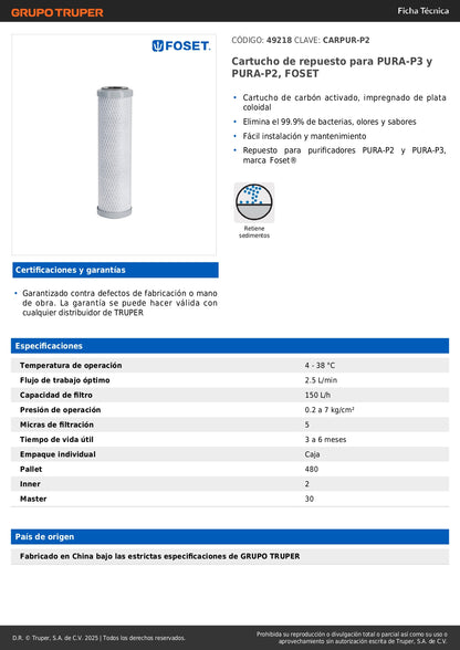 Cartucho de Repuesto CARPUR-P2 Carbón Activado con Plata Coloidal - Elimina 99.9% Bacterias, Olores y Sabores - Compatible PURA-P2 y PURA-P3 FOSET