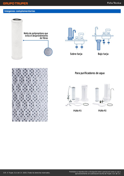 Cartucho de Repuesto CARPUR-P2 Carbón Activado con Plata Coloidal - Elimina 99.9% Bacterias, Olores y Sabores - Compatible PURA-P2 y PURA-P3 FOSET