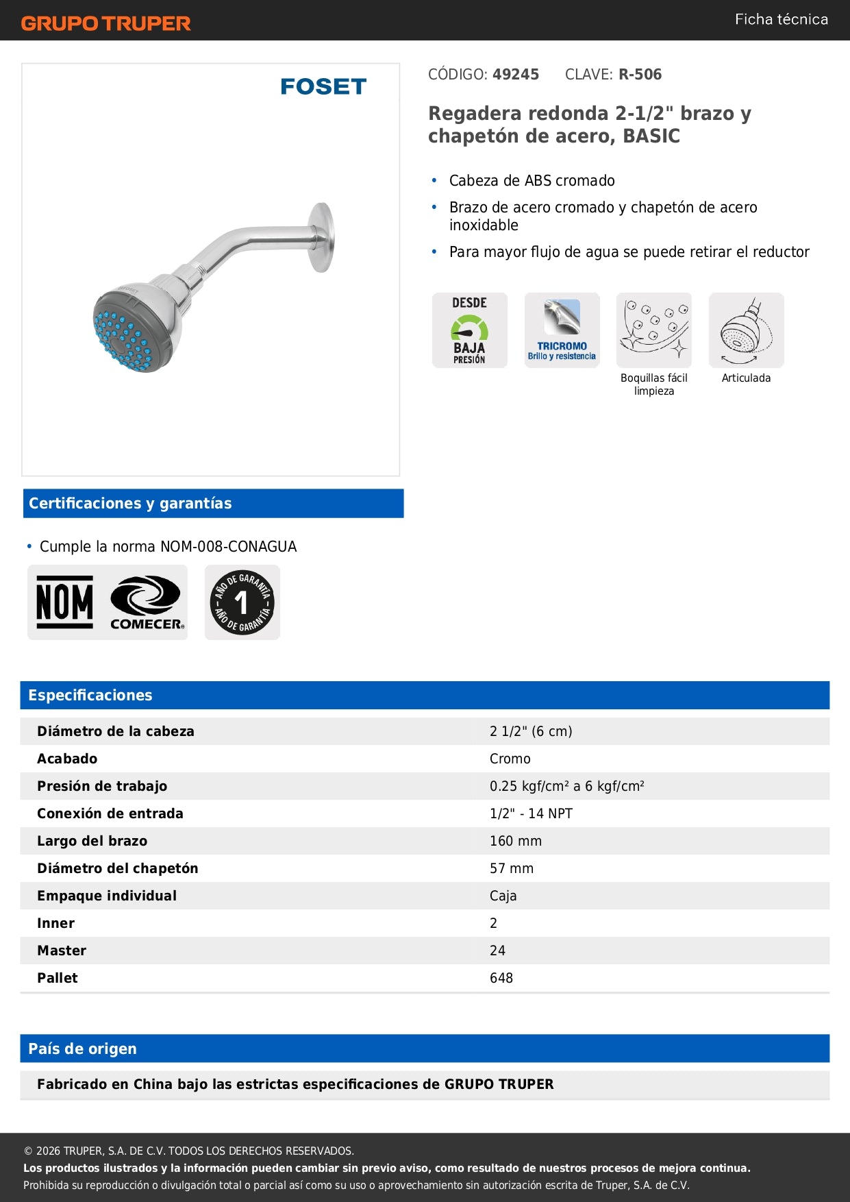 Regadera de Acero 2-1/2" con Brazo Ajustable FOSET BASIC | Chapetón Cromado