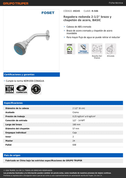 Regadera de Acero 2-1/2" con Brazo Ajustable FOSET BASIC | Chapetón Cromado