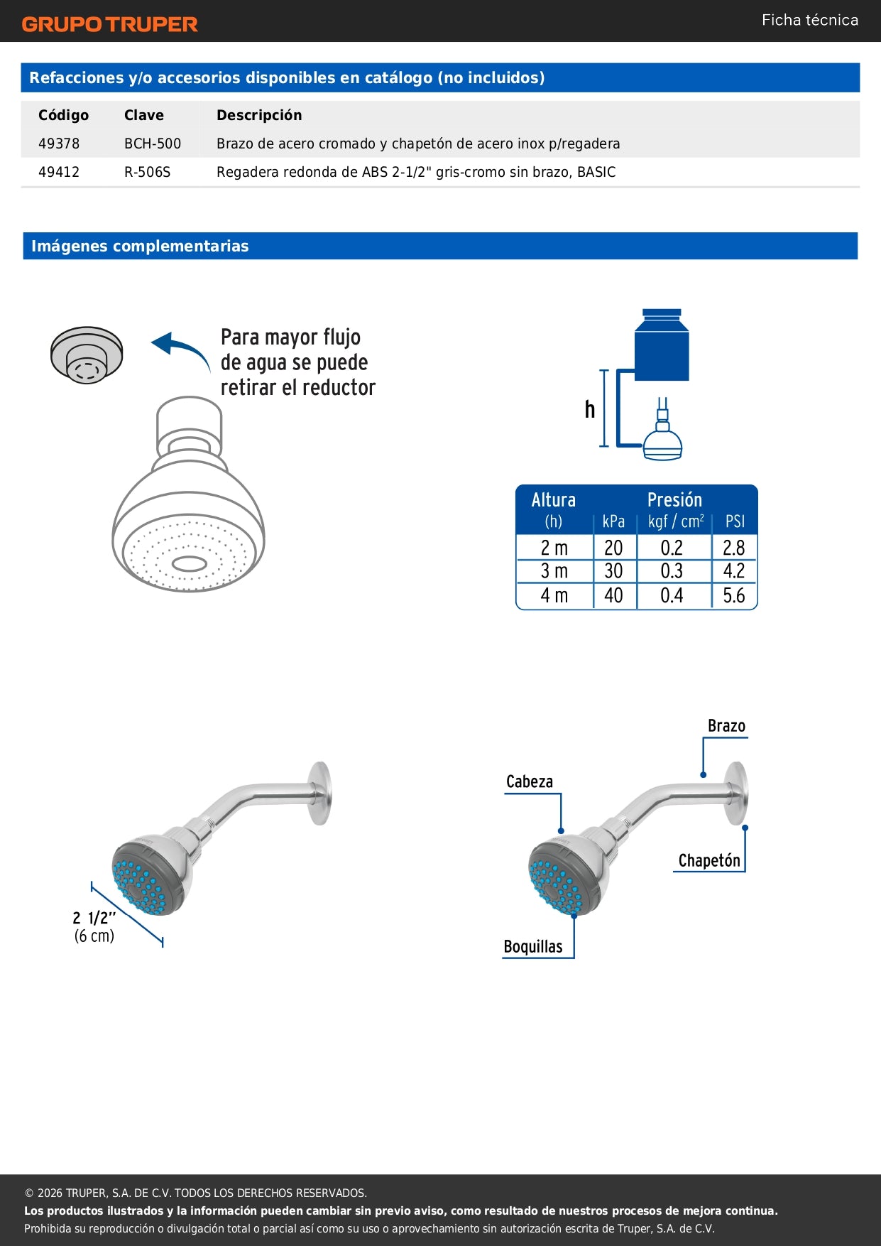 Regadera de Acero 2-1/2" con Brazo Ajustable FOSET BASIC | Chapetón Cromado
