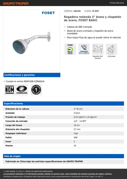 Regadera de Baño FOSET BASIC 3 Pulgadas Acero Inoxidable con Brazo Ajustable