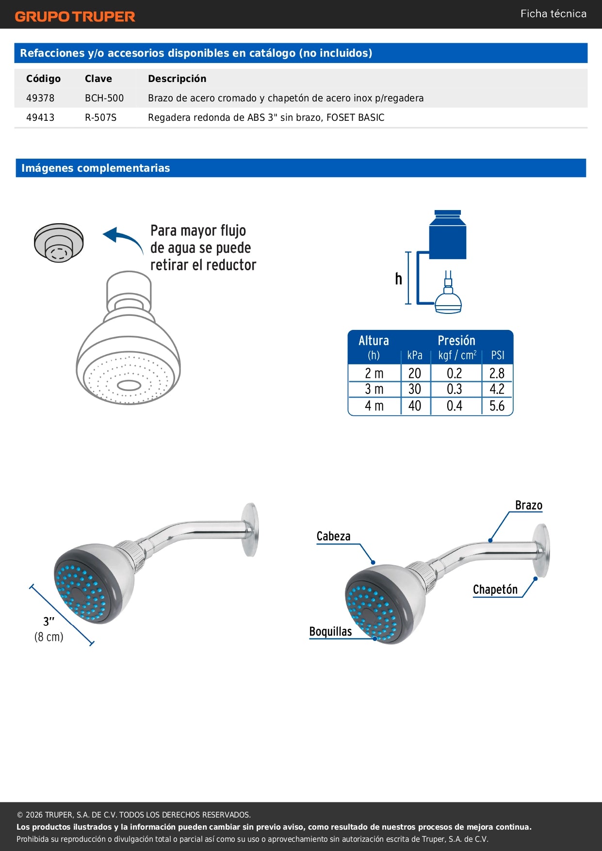 Regadera de Baño FOSET BASIC 3 Pulgadas Acero Inoxidable con Brazo Ajustable