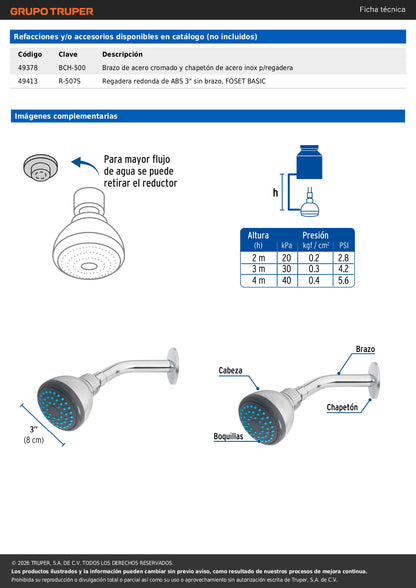 Regadera de Baño FOSET BASIC 3 Pulgadas Acero Inoxidable con Brazo Ajustable