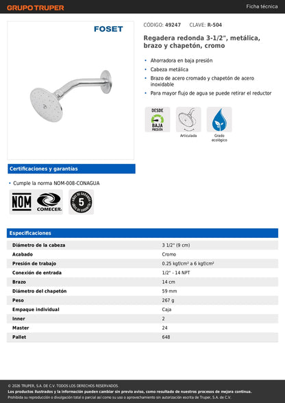 Regadera redonda 3-1/2", metálica, brazo y chapetón, cromo