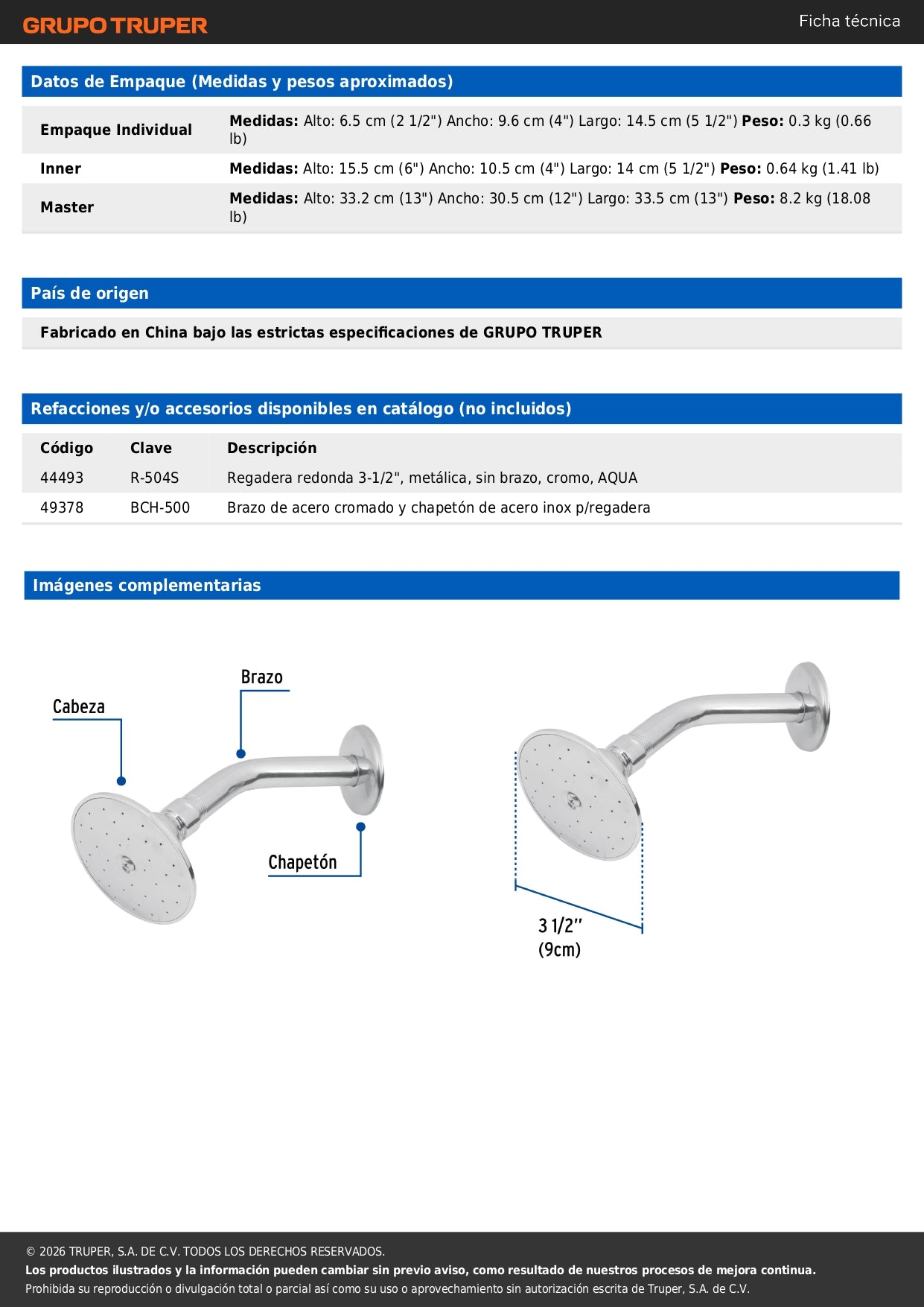 Regadera redonda 3-1/2", metálica, brazo y chapetón, cromo