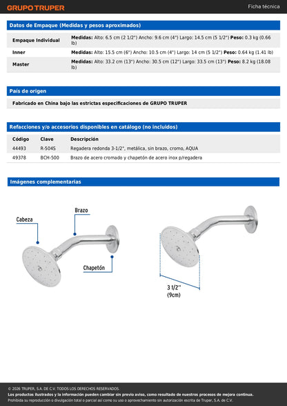 Regadera redonda 3-1/2", metálica, brazo y chapetón, cromo