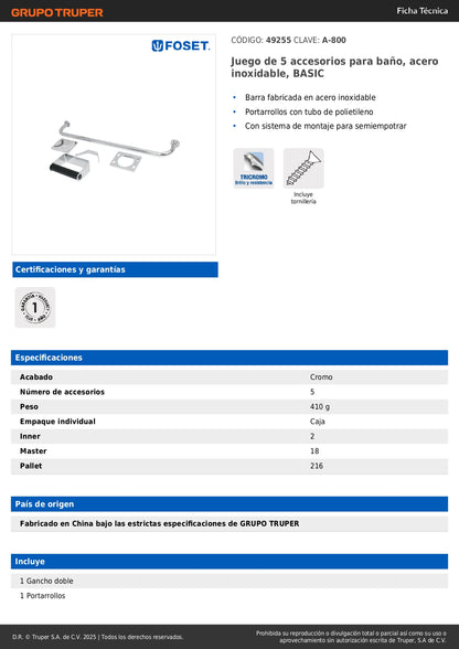Juego 5 Accesorios Baño Acero Inoxidable A-800 - Organización Completa Baño Moderno