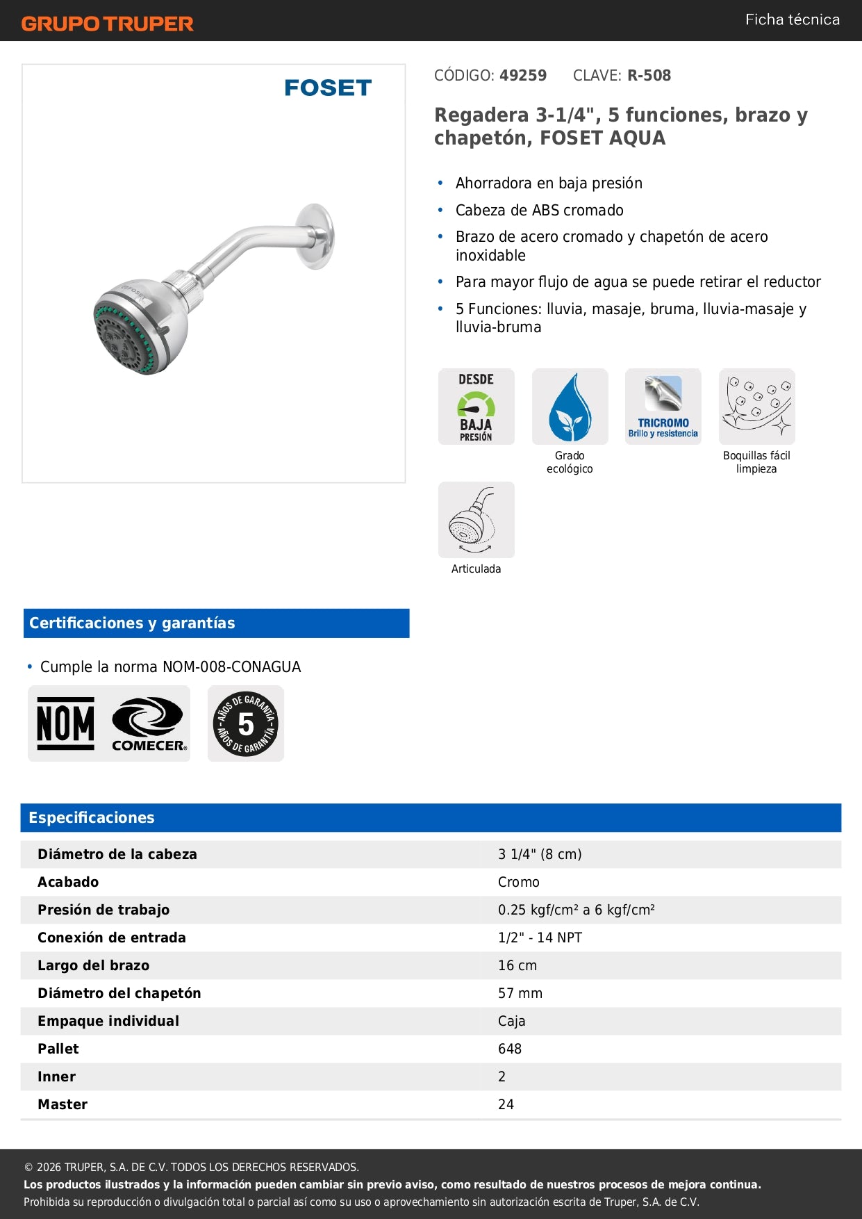Regadera para Baño 5 Funciones con Brazo y Chapetón 3-1/4" FOSET AQUA