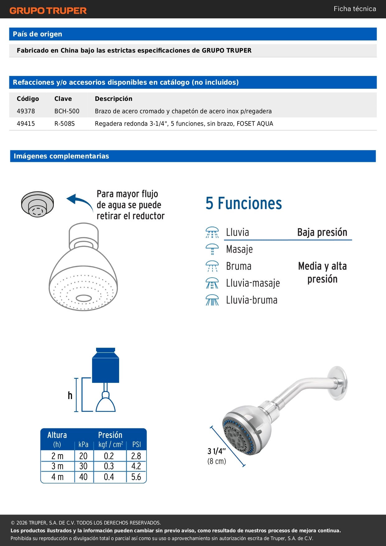 Regadera para Baño 5 Funciones con Brazo y Chapetón 3-1/4" FOSET AQUA