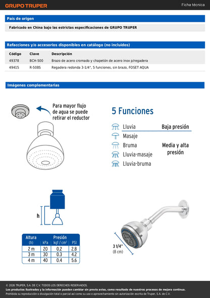 Regadera para Baño 5 Funciones con Brazo y Chapetón 3-1/4" FOSET AQUA