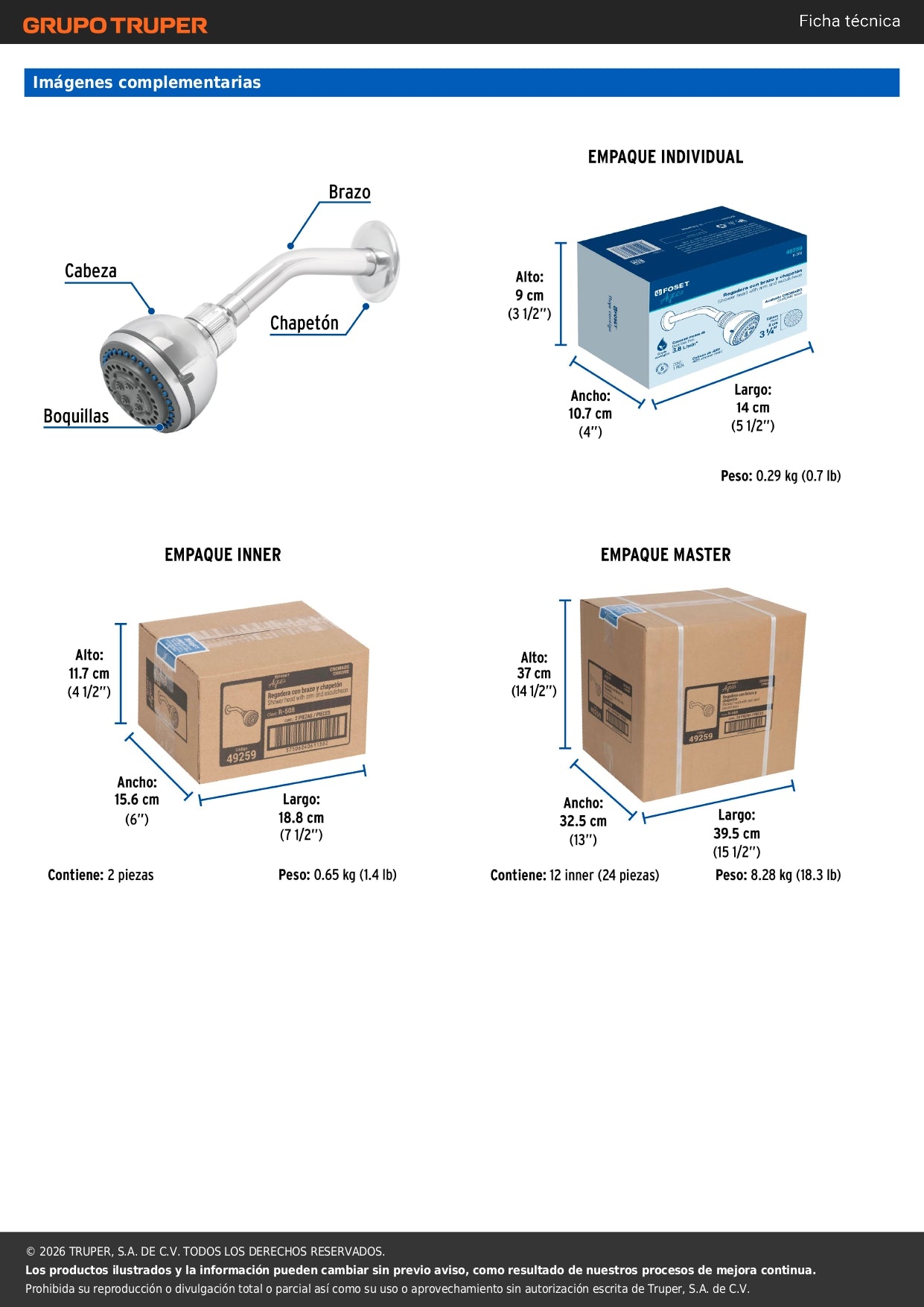 Regadera para Baño 5 Funciones con Brazo y Chapetón 3-1/4" FOSET AQUA