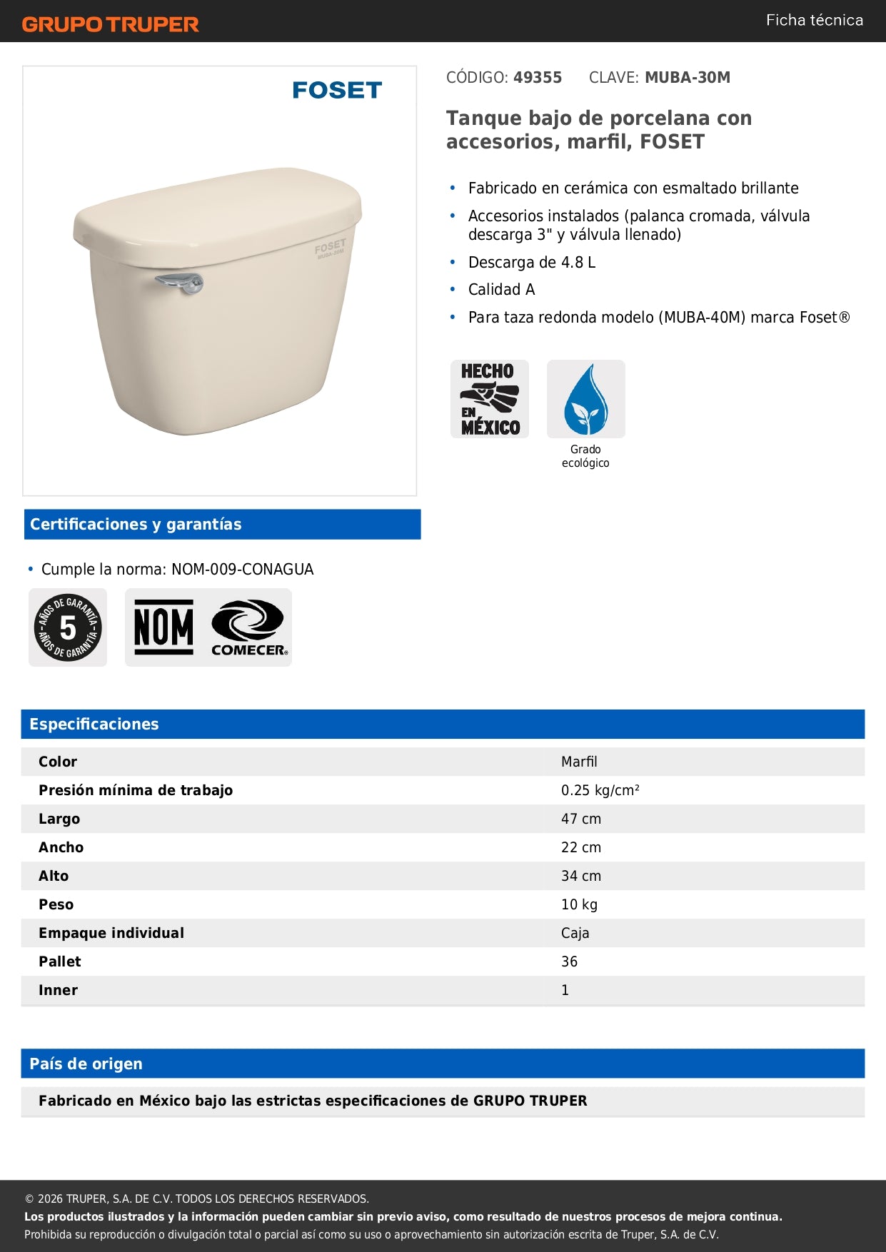 Tanque Bajo Porcelana Marfil con Accesorios para WC - FOSET