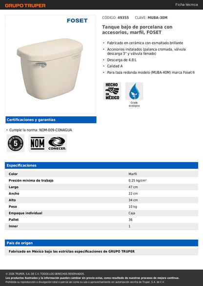 Tanque Bajo Porcelana Marfil con Accesorios para WC - FOSET
