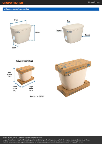 Tanque Bajo Porcelana Marfil con Accesorios para WC - FOSET