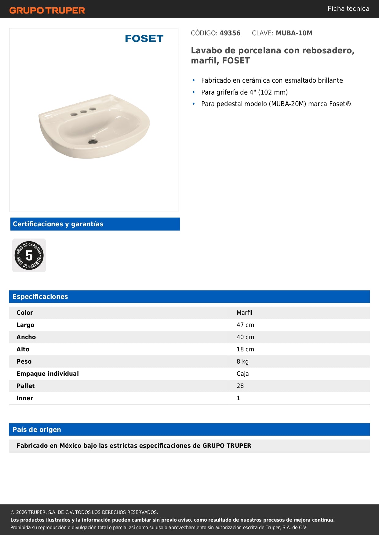 Lavabo Porcelana Marfil con Rebosadero