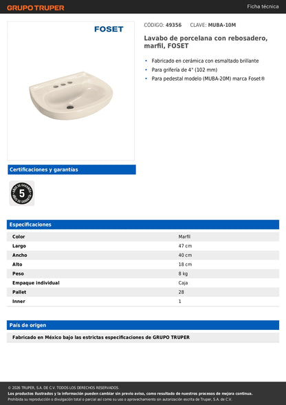 Lavabo Porcelana Marfil con Rebosadero