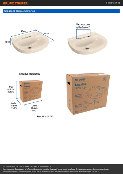 Lavabo Porcelana Marfil con Rebosadero