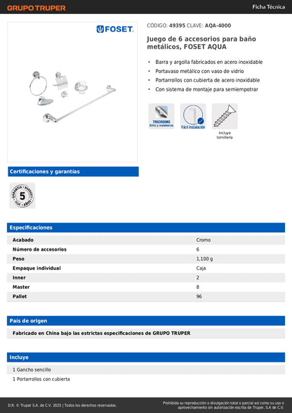 Juego Completo 6 Accesorios Baño Acero Inoxidable FOSET AQUA AQA-4000 - Organiza y Moderniza tu Baño