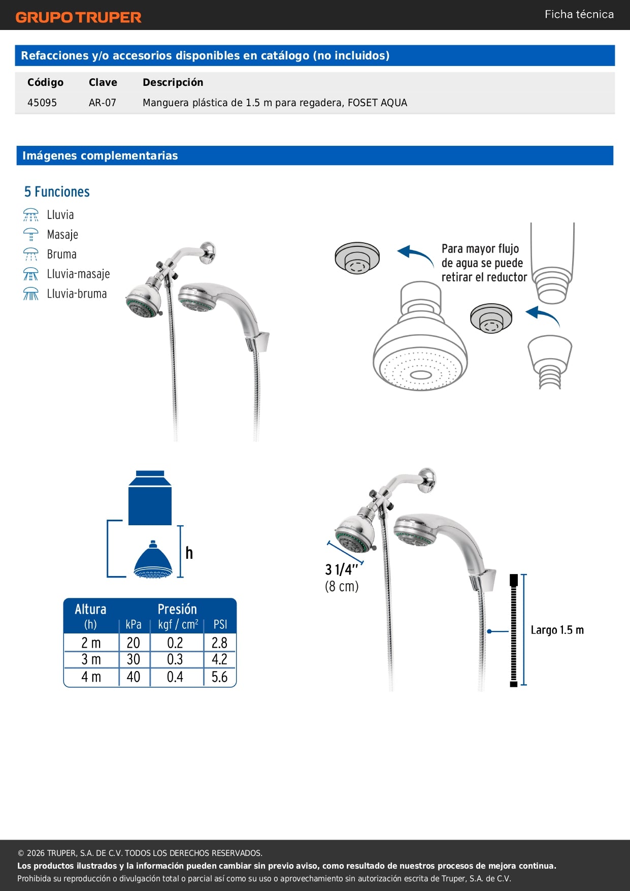 Regadera Doble Fija y Teléfono FOSET 5 Funciones AQUA 3-1/4" | Cable Flexible