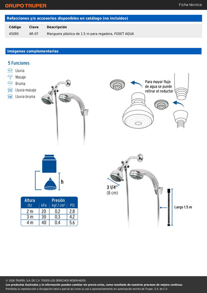 Regadera Doble Fija y Teléfono FOSET 5 Funciones AQUA 3-1/4" | Cable Flexible