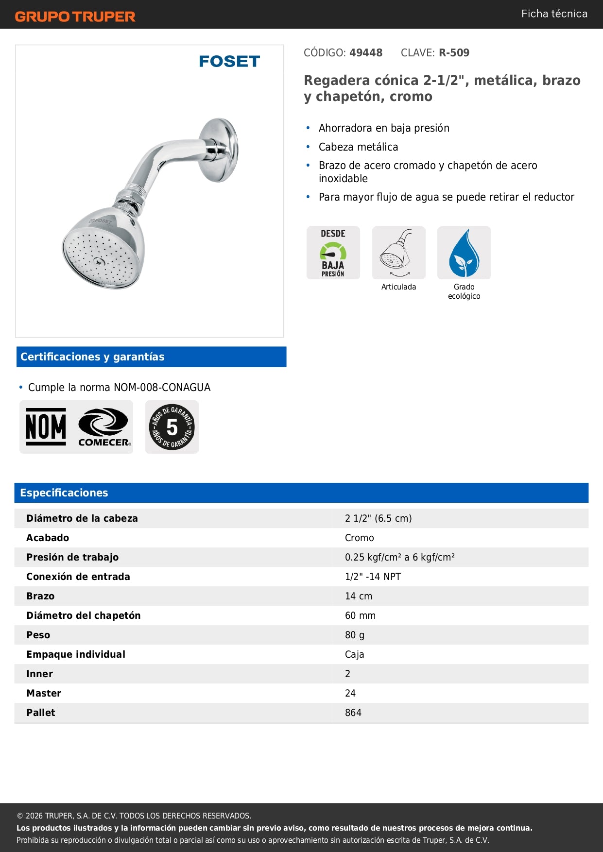 Regadera Metálica Cromada 2-1/2" con Brazo y Chapetón FOSET - Cónica