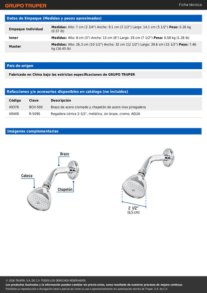 Regadera Metálica Cromada 2-1/2" con Brazo y Chapetón FOSET - Cónica