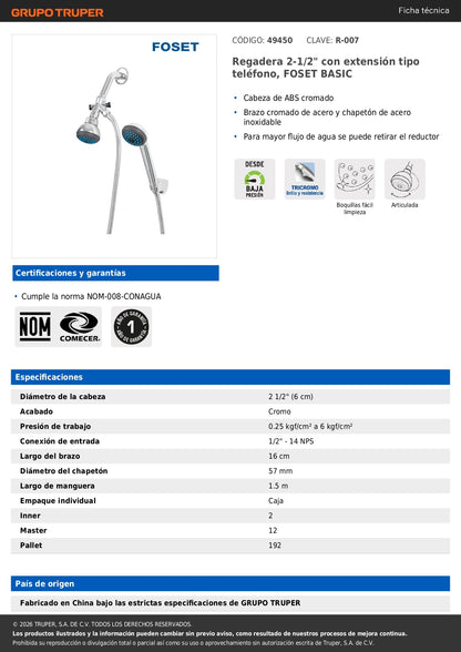Regadera para Baño 2.5" con Extensión Tipo Teléfono FOSET BASIC