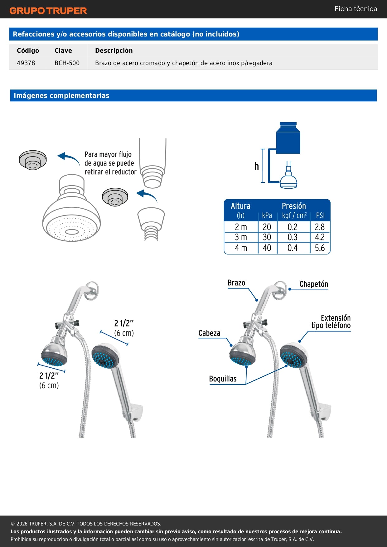 Regadera para Baño 2.5" con Extensión Tipo Teléfono FOSET BASIC