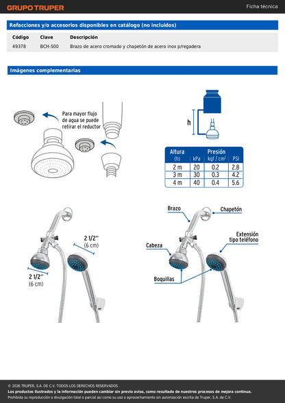 Regadera para Baño 2.5" con Extensión Tipo Teléfono FOSET BASIC