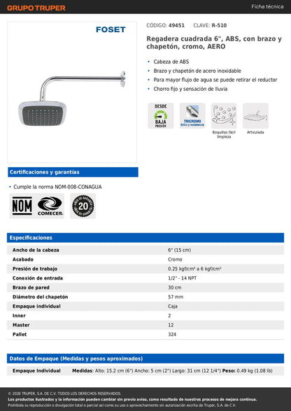 Regadera de ducha cuadrada 6 pulgadas cromada AERO con brazo y chapetón ABS
