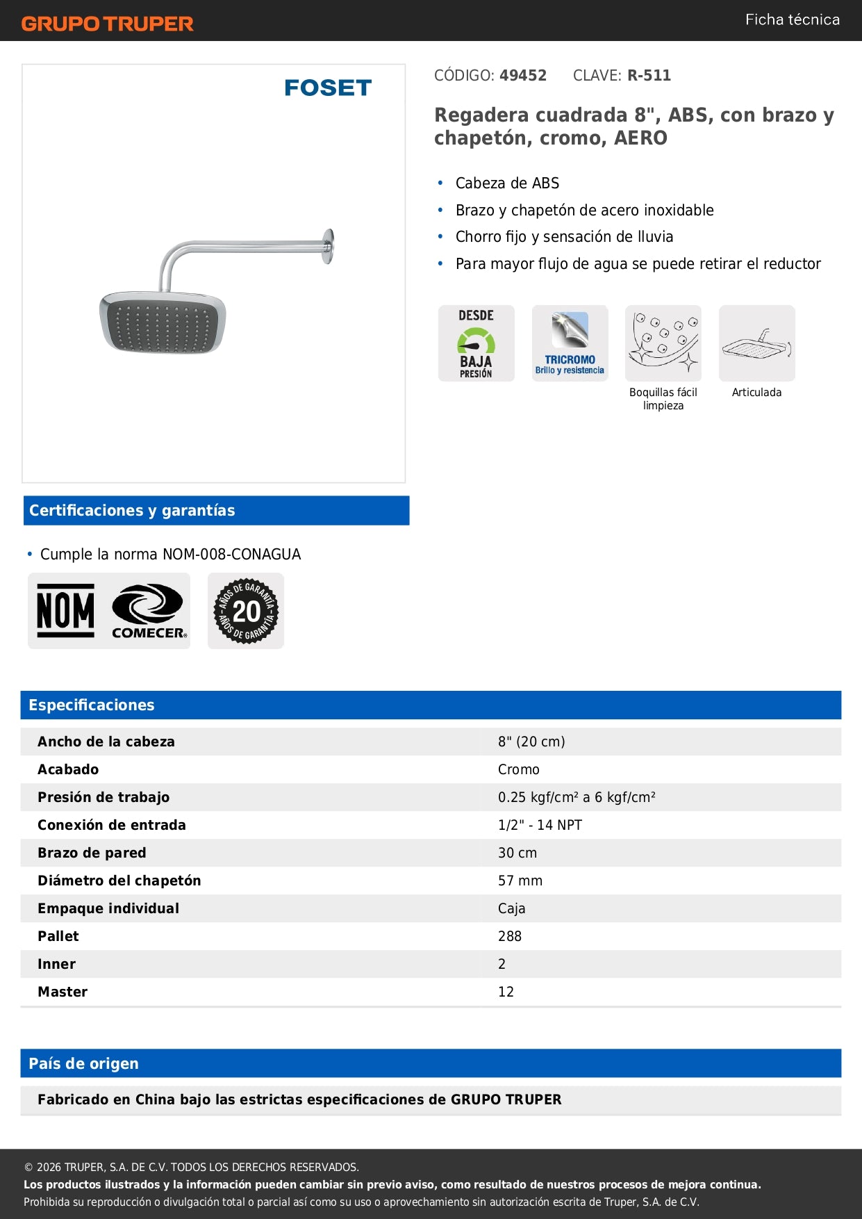 Regadera cuadrada 8", ABS, con brazo y chapetón, cromo, AERO
