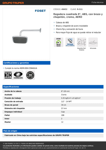 Regadera cuadrada 8", ABS, con brazo y chapetón, cromo, AERO