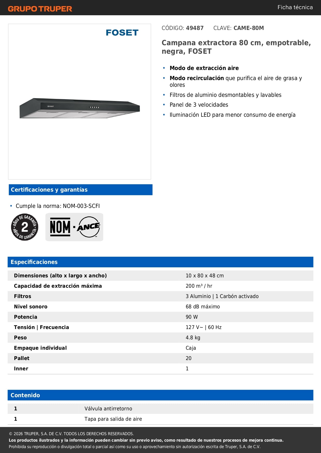 Campana Extractora Empotrable 80 cm Negra FOSET - Cocina Profesional