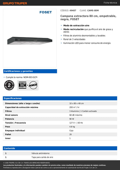 Campana Extractora Empotrable 80 cm Negra FOSET - Cocina Profesional