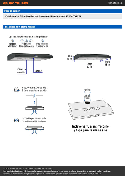 Campana Extractora Empotrable 80 cm Negra FOSET - Cocina Profesional