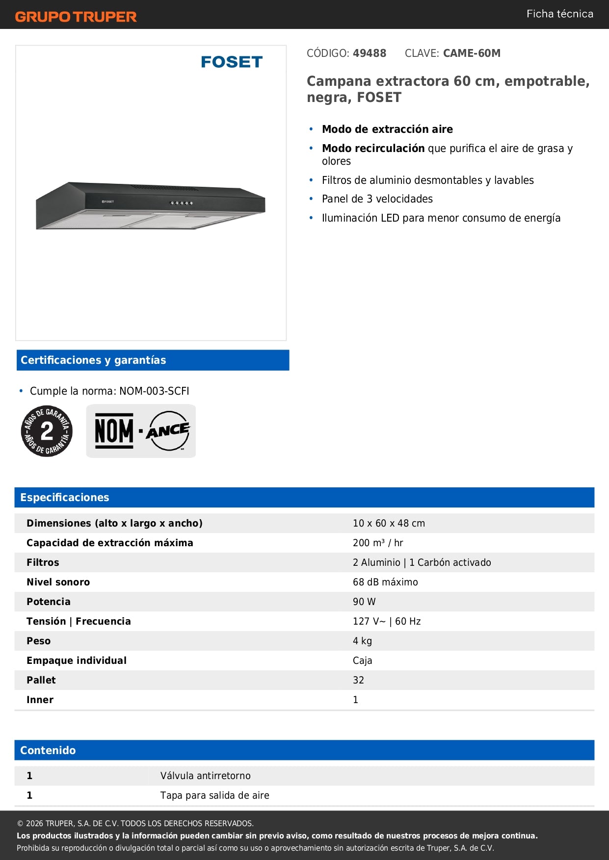 Campana Extractora de Cocina 60cm Empotrable Negra FOSET - Extractor de Humo