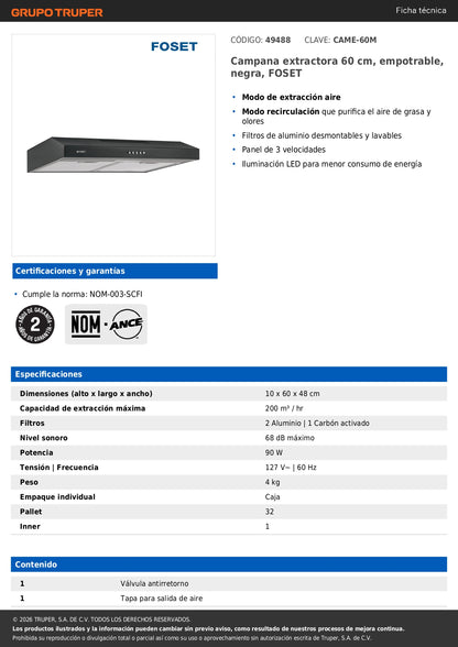 Campana Extractora de Cocina 60cm Empotrable Negra FOSET - Extractor de Humo