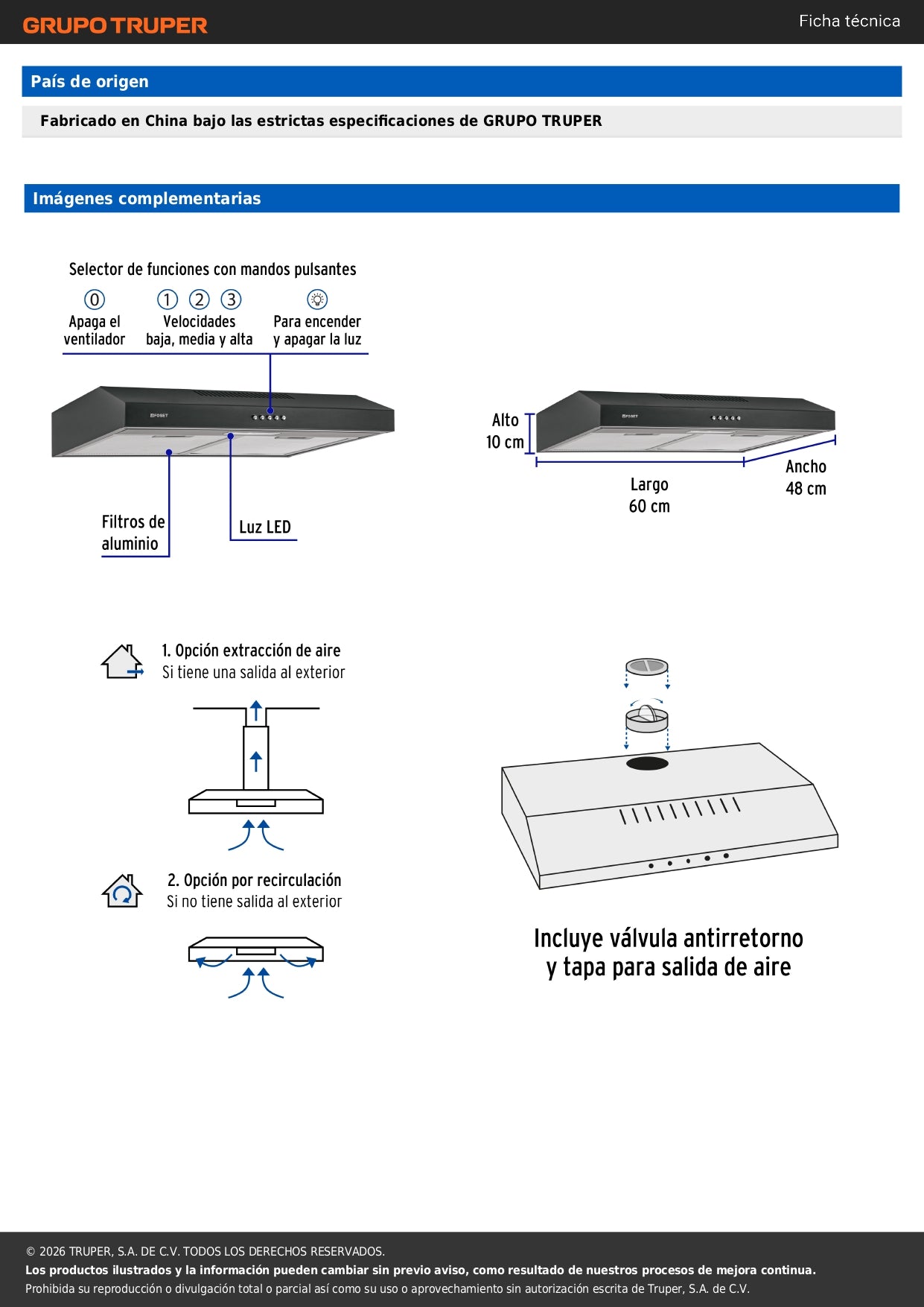 Campana Extractora de Cocina 60cm Empotrable Negra FOSET - Extractor de Humo