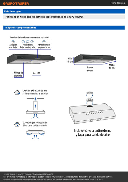 Campana Extractora de Cocina 60cm Empotrable Negra FOSET - Extractor de Humo