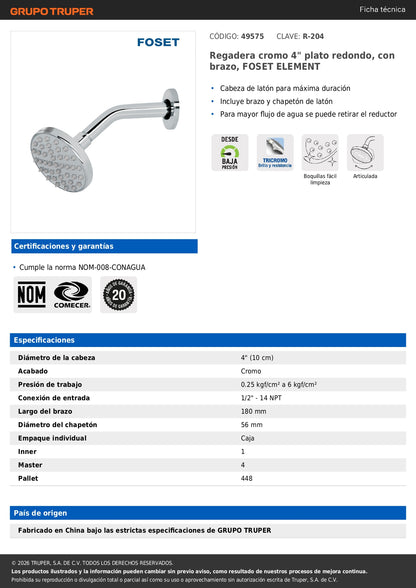 Regadera FOSET 4" Cromada con Brazo Ajustable | Plato Redondo