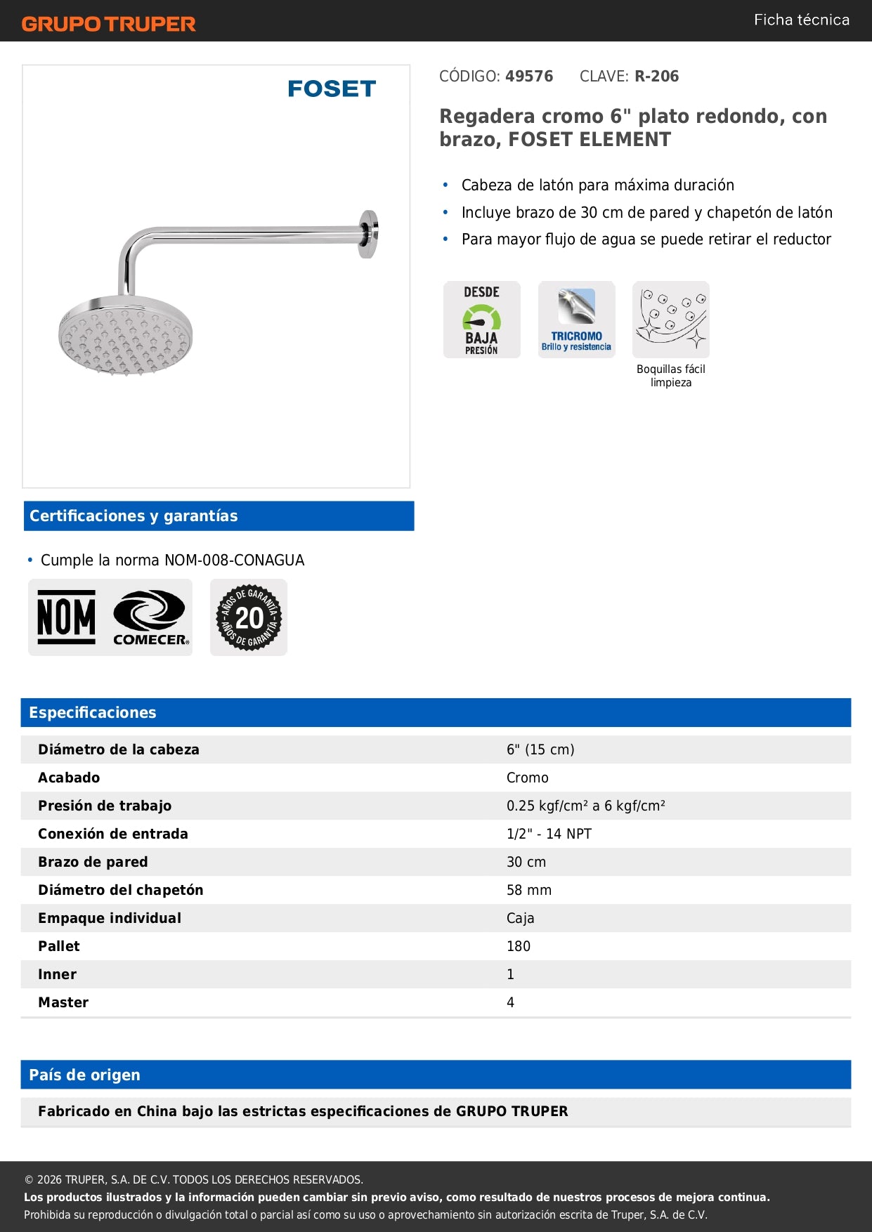 Regadera Cromo 6 Pulgadas con Brazo Ajustable FOSET ELEMENT | Plato Redondo