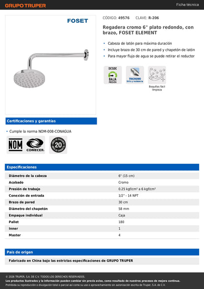 Regadera Cromo 6 Pulgadas con Brazo Ajustable FOSET ELEMENT | Plato Redondo