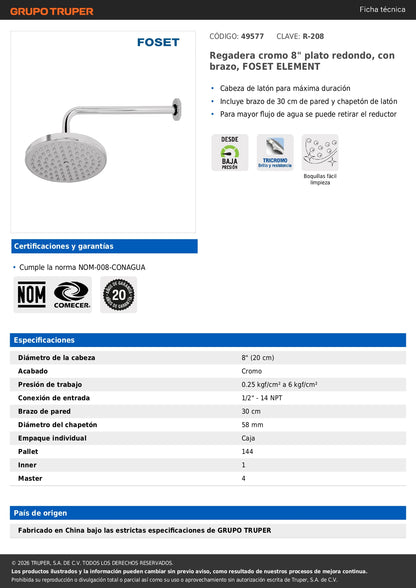 Regadera de Baño Cromada 8 Pulgadas con Brazo - Plato Redondo FOSET ELEMENT