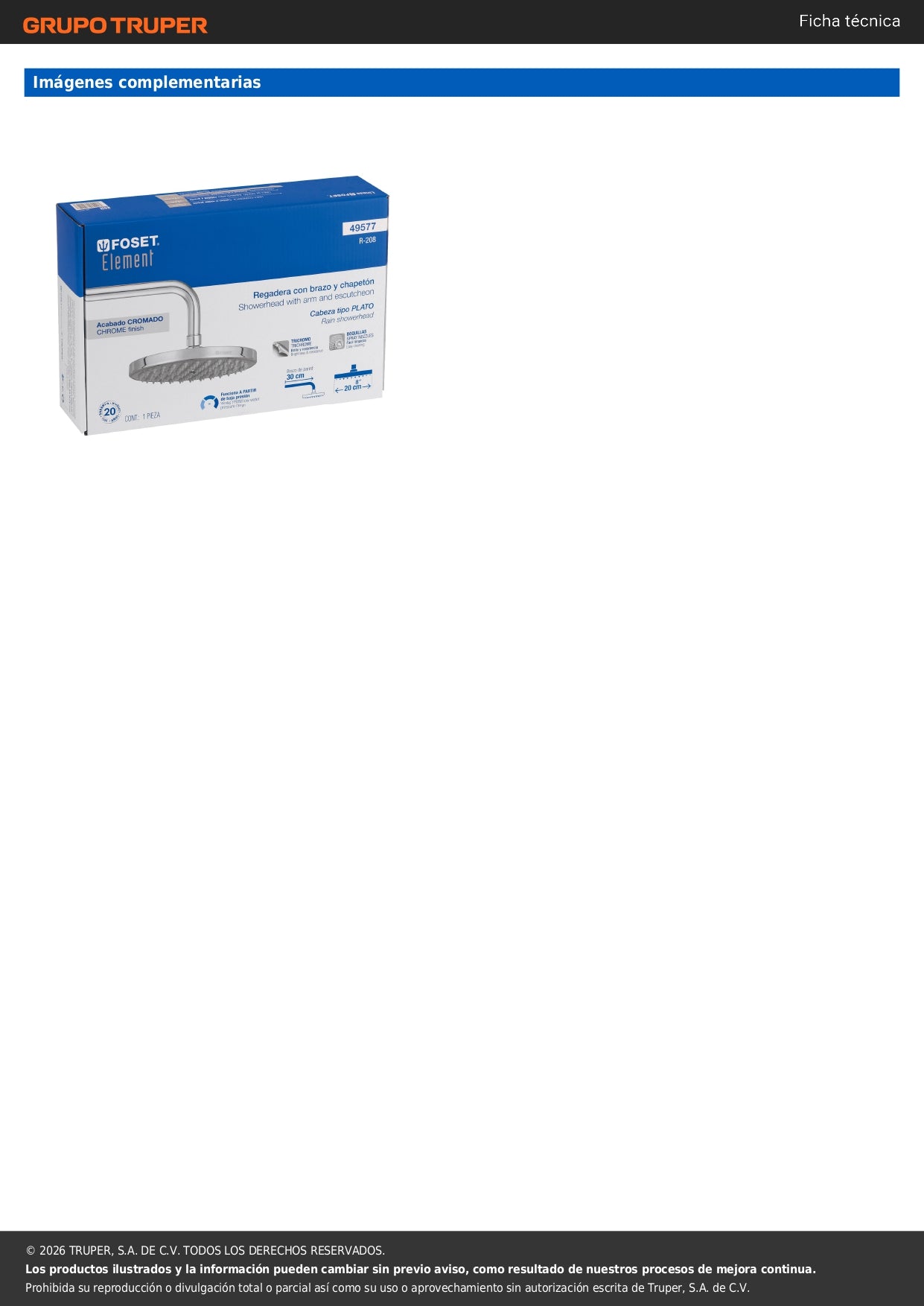 Regadera de Baño Cromada 8 Pulgadas con Brazo - Plato Redondo FOSET ELEMENT