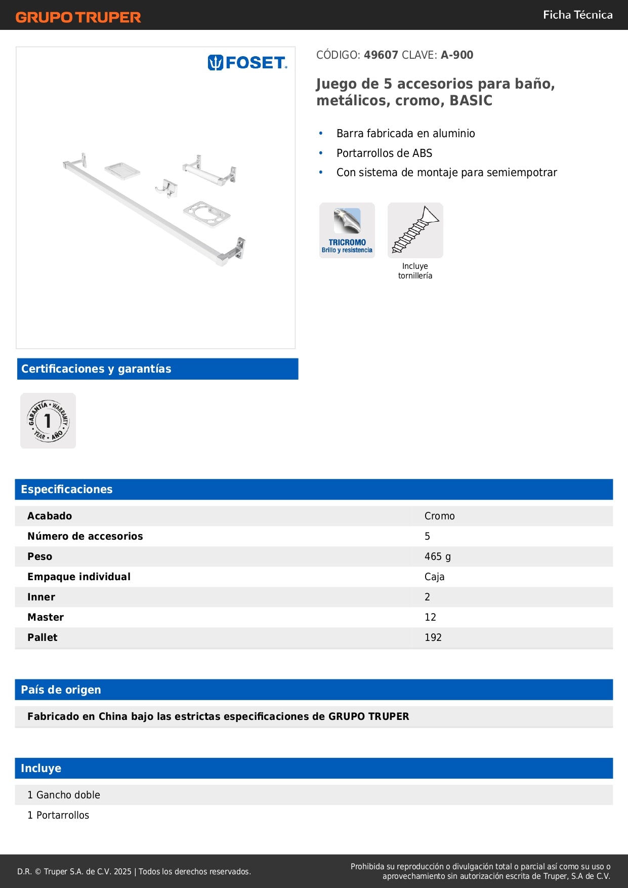 Juego Completo 5 Accesorios Baño Cromados A-900 BASIC - Barra Aluminio + Portarrollos ABS Semiempotrado - Solución Organización Baño Moderno