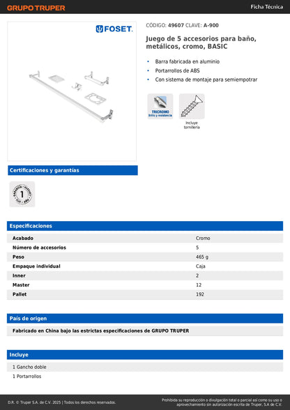 Juego Completo 5 Accesorios Baño Cromados A-900 BASIC - Barra Aluminio + Portarrollos ABS Semiempotrado - Solución Organización Baño Moderno