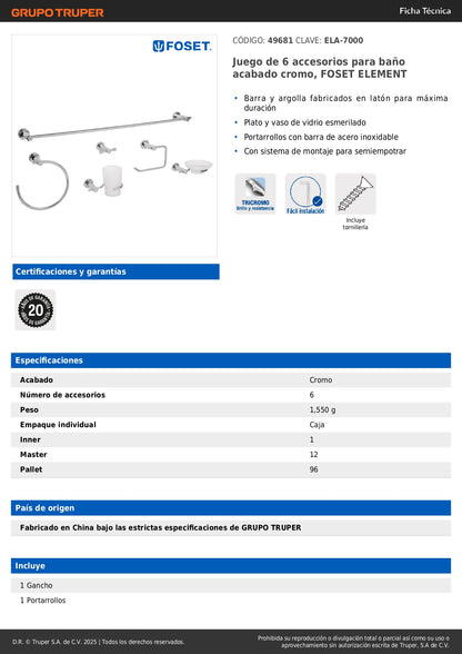 Juego 6 Accesorios Baño Cromo FOSET ELEMENT ELA-7000 - Organización Completa Baño Moderno