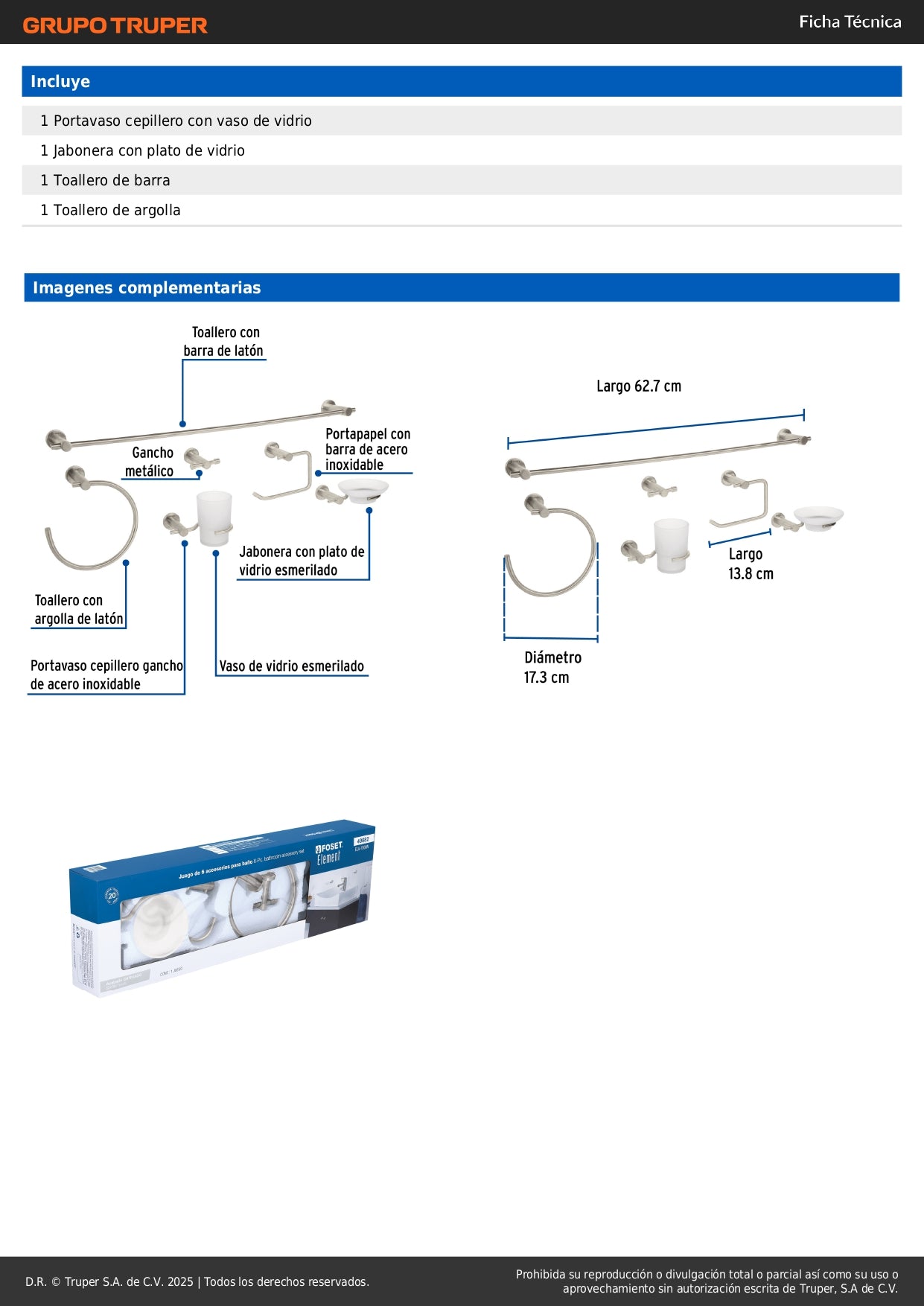 Juego Completo 6 Accesorios Baño FOSET ELEMENT ELA-7000N - Set Profesional Latón Satín con Portarrollos, Toallero, Jabonera y Vaso - Solución Integral Organización Baño Moderno