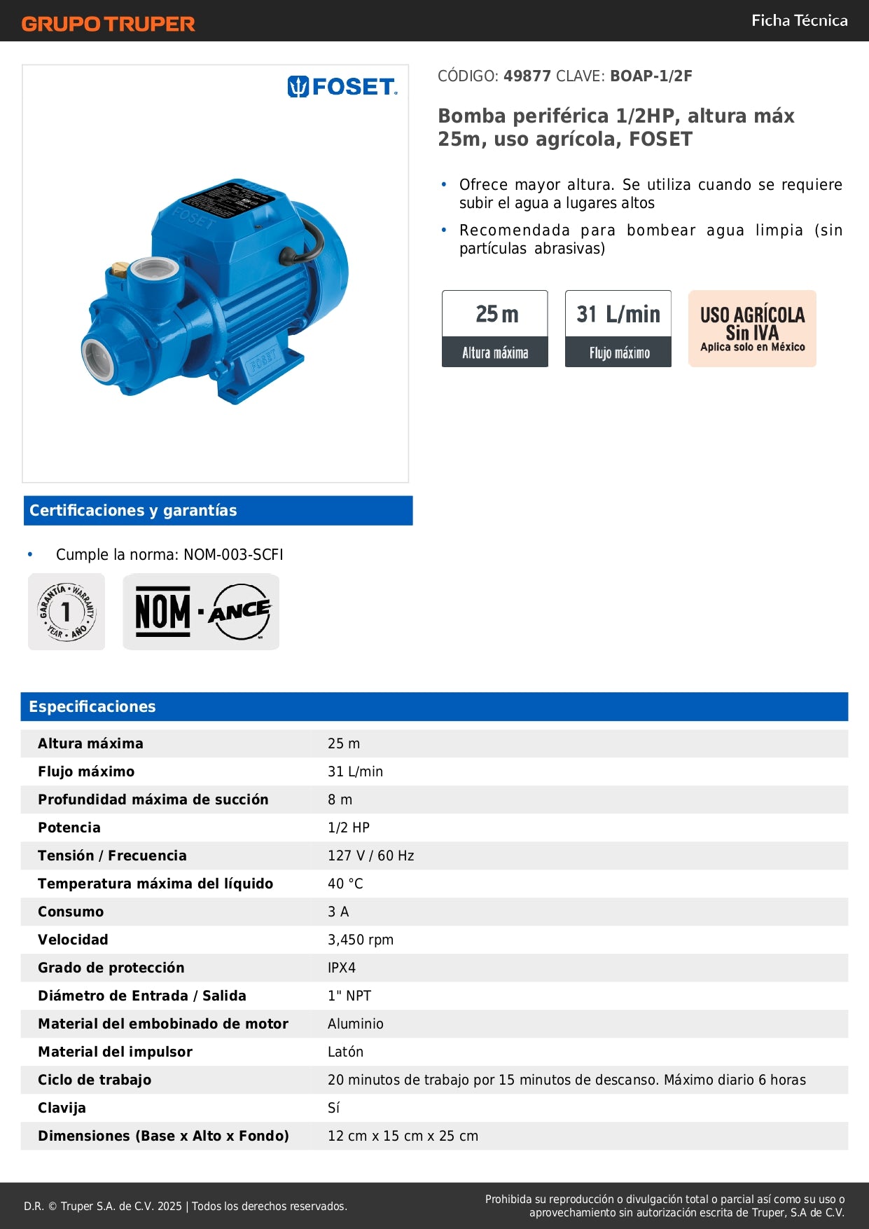 Bomba Periférica FOSET 1/2HP 25m Altura - Bombeo Agua Limpia Uso Agrícola BOAP-1/2F